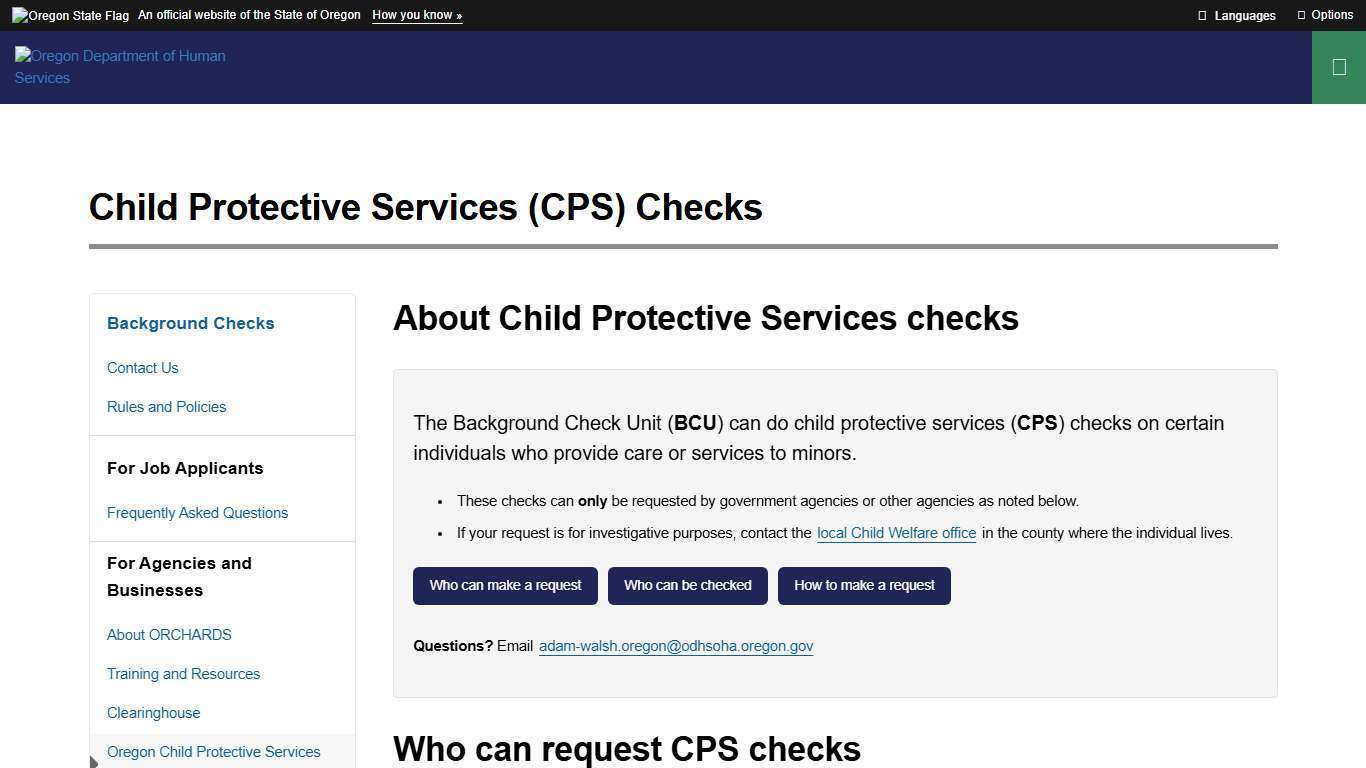 Oregon Department of Human Services : Child Protective Services (CPS) Checks : Background Checks : State of Oregon